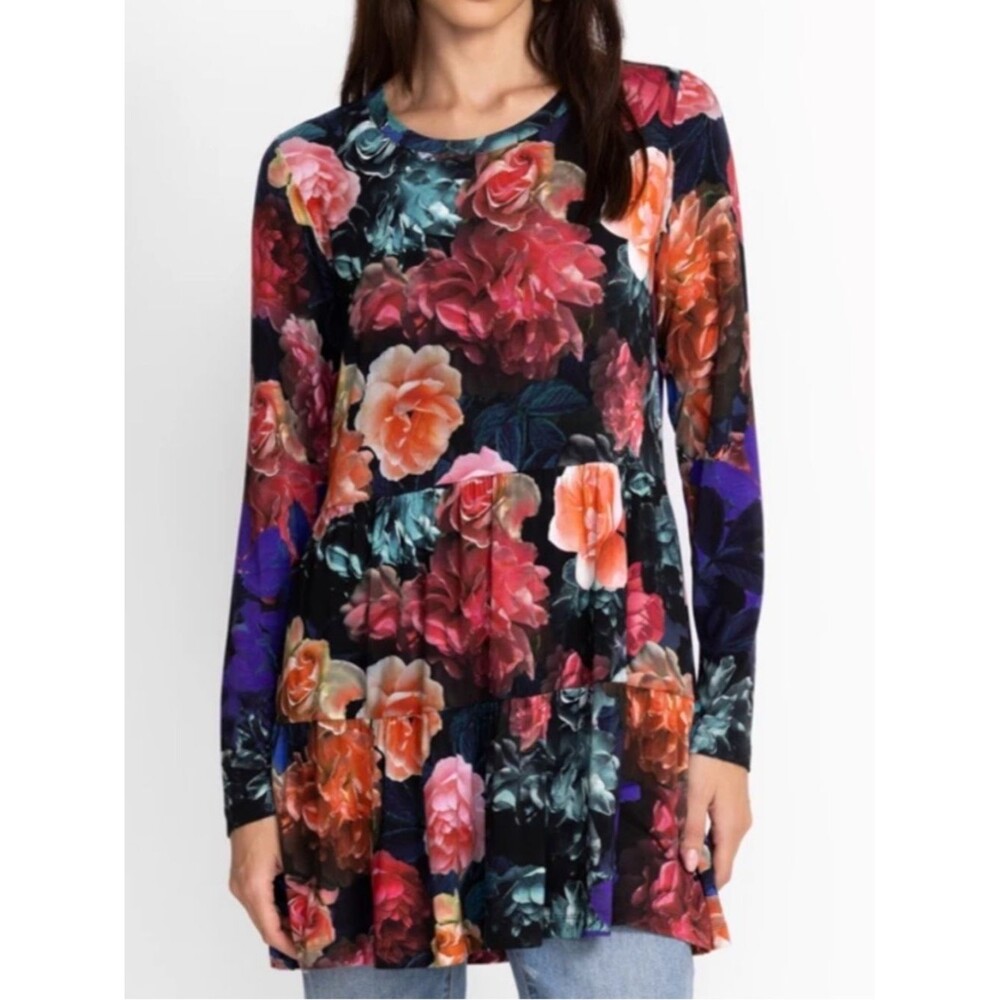 Johnny Was Bright Floral Studio Tiered Tunic Size L